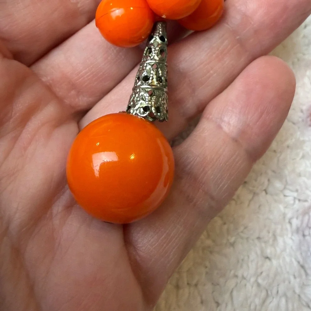Retro Orange Cluster Bead Drop Earrings Silver Filigree Statement Dangle Boho